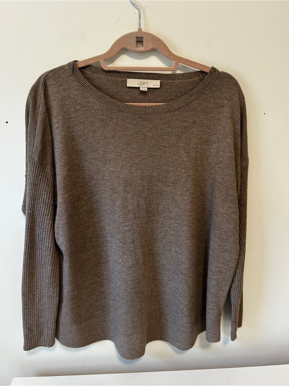 LOFT Taupe Brown Rib-Sleeve Knit Pullover
